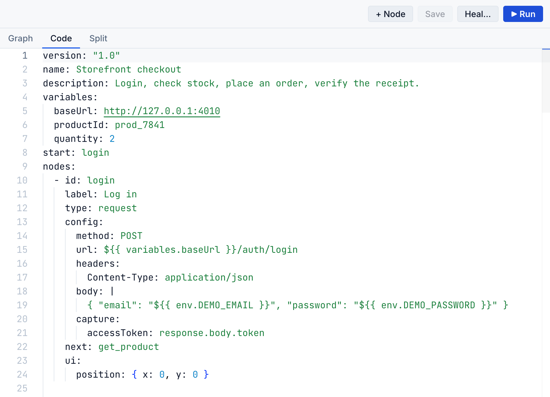The Code tab in Bandura showing a flow as plain .aether YAML in the editor