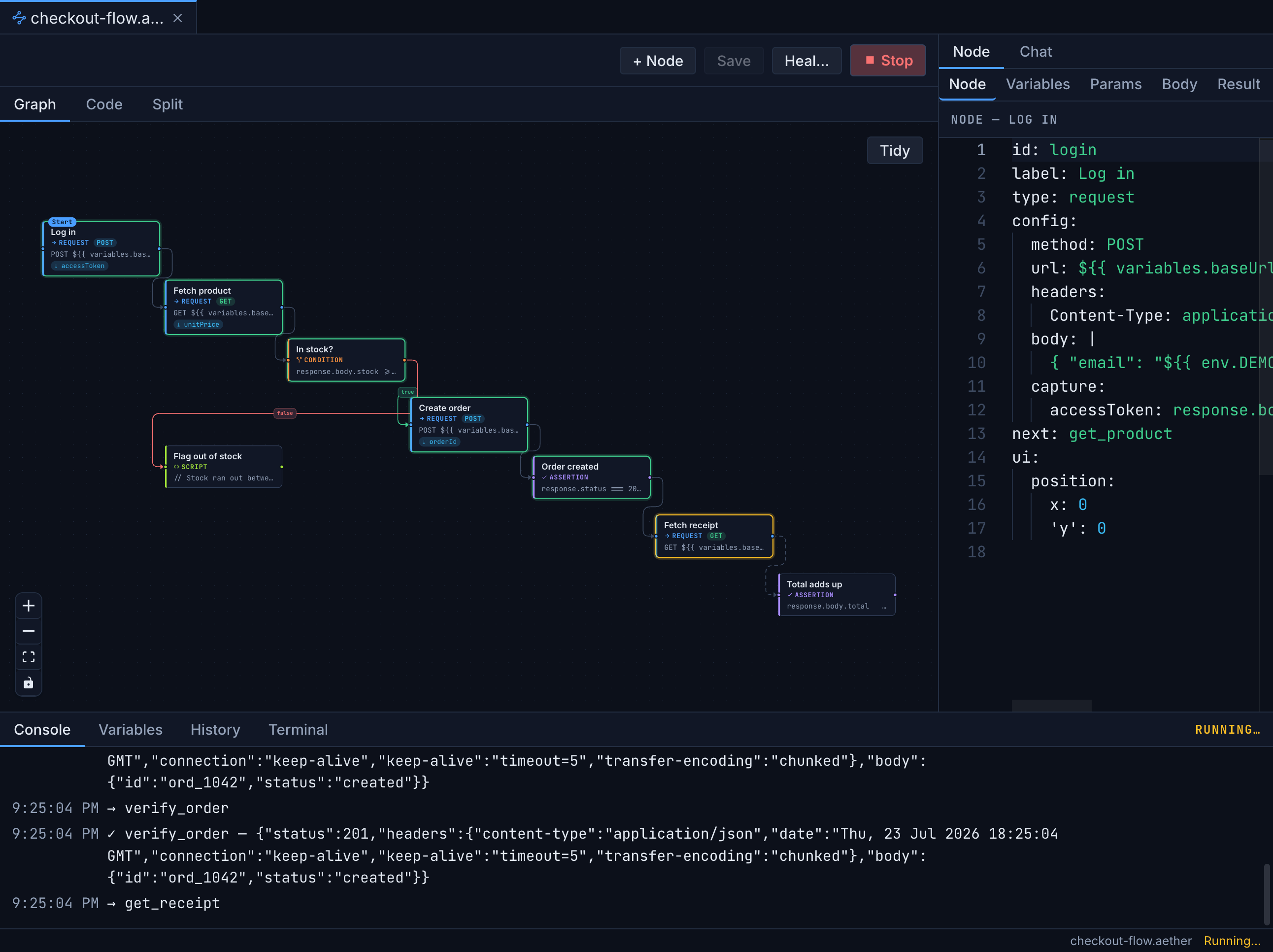 A flow mid-execution in Bandura: nodes with pass/fail state rings and the console panel listing each executed step