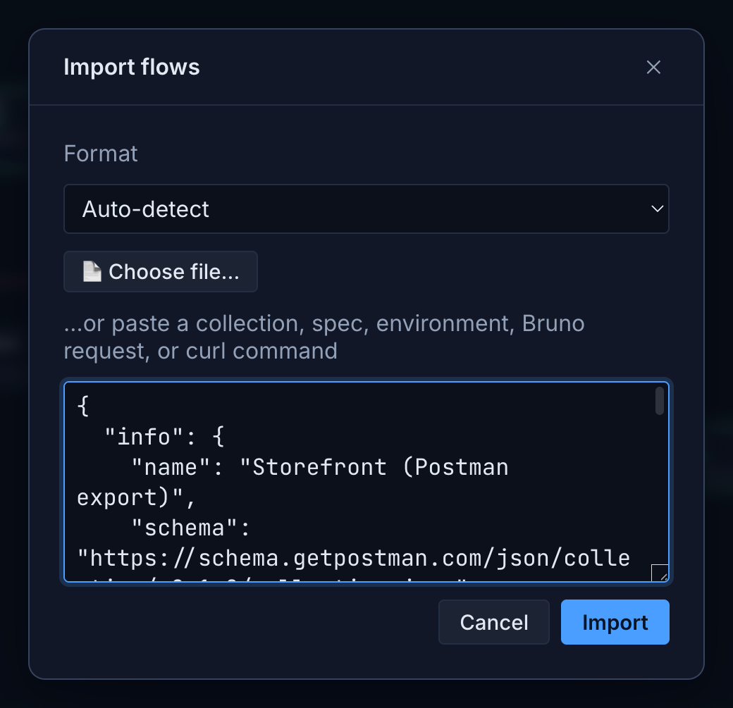 Bandura's import modal with pasted content auto-detected as a Postman collection, ready to convert