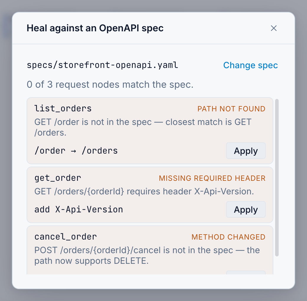Bandura's drift detection comparing a flow against an OpenAPI spec, listing detected drifts with proposed one-click fixes