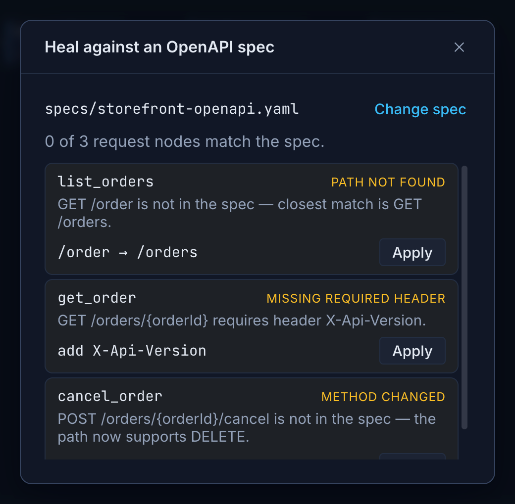 Bandura's drift detection comparing a flow against an OpenAPI spec, listing detected drifts with proposed one-click fixes
