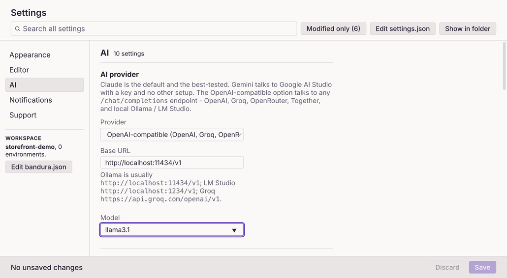 Bandura's Settings page on the AI category: provider set to OpenAI-compatible, Base URL http://localhost:11434/v1, Model llama3.1, and the suggested base URLs for Ollama, LM Studio and Groq listed between them