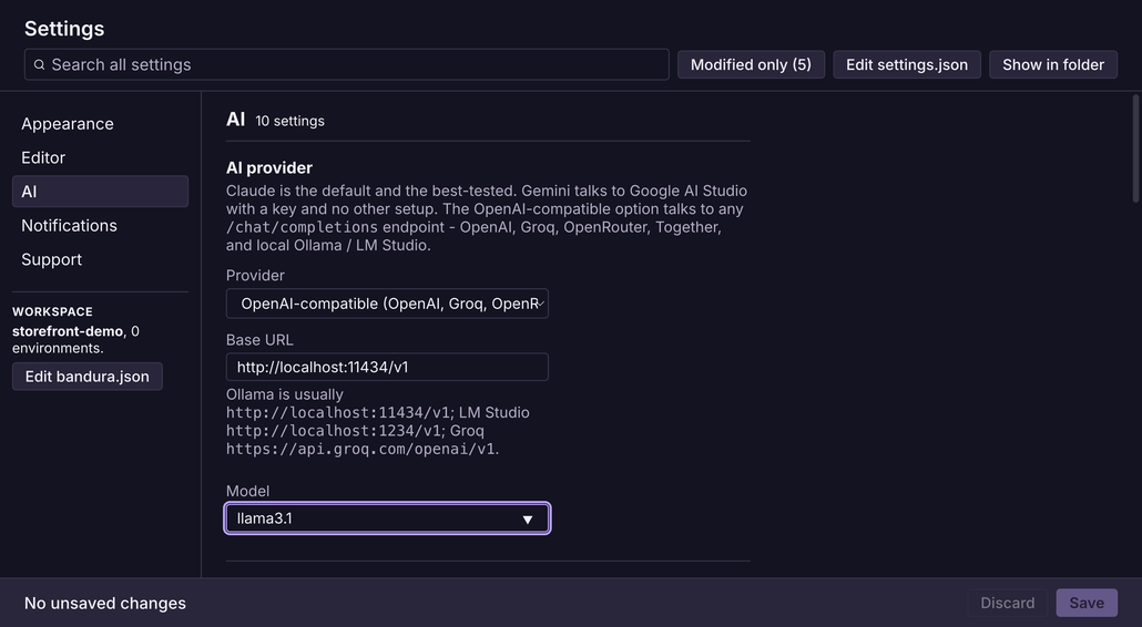 Bandura's Settings page on the AI category: provider set to OpenAI-compatible, Base URL http://localhost:11434/v1, Model llama3.1, and the suggested base URLs for Ollama, LM Studio and Groq listed between them