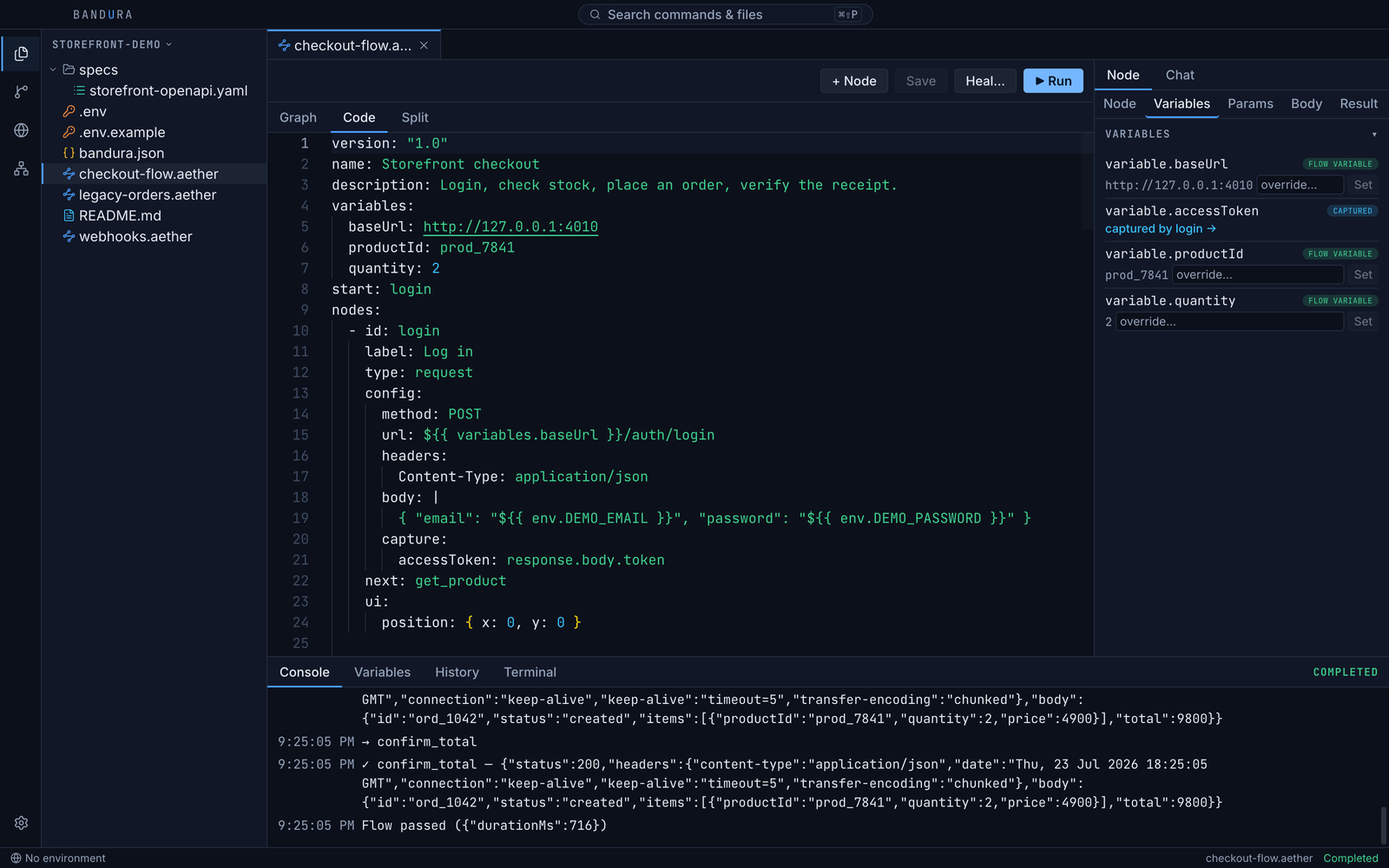 The same checkout flow as YAML in the code editor, with the inspector still showing the selected node's resolved request