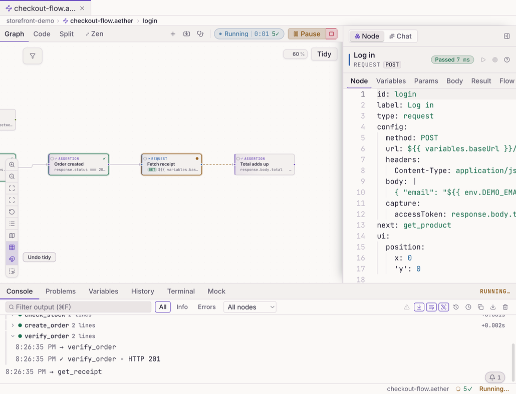 A workflow running in Bandura with step states on the graph and execution events in the console