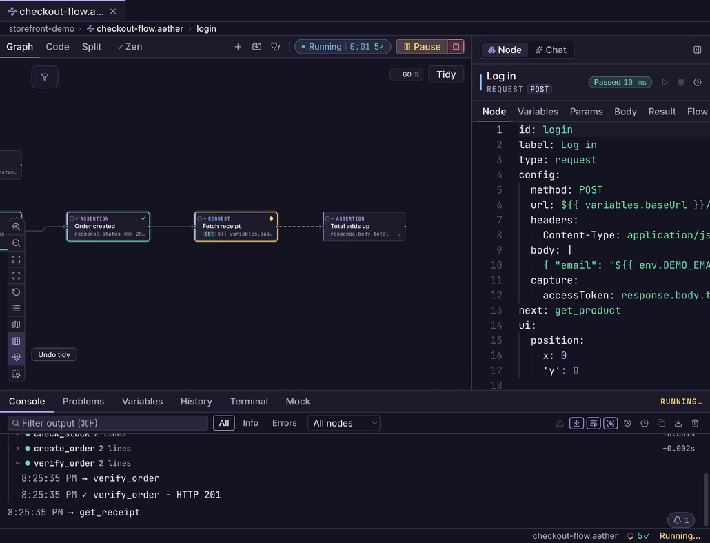A workflow running in Bandura with step states on the graph and execution events in the console