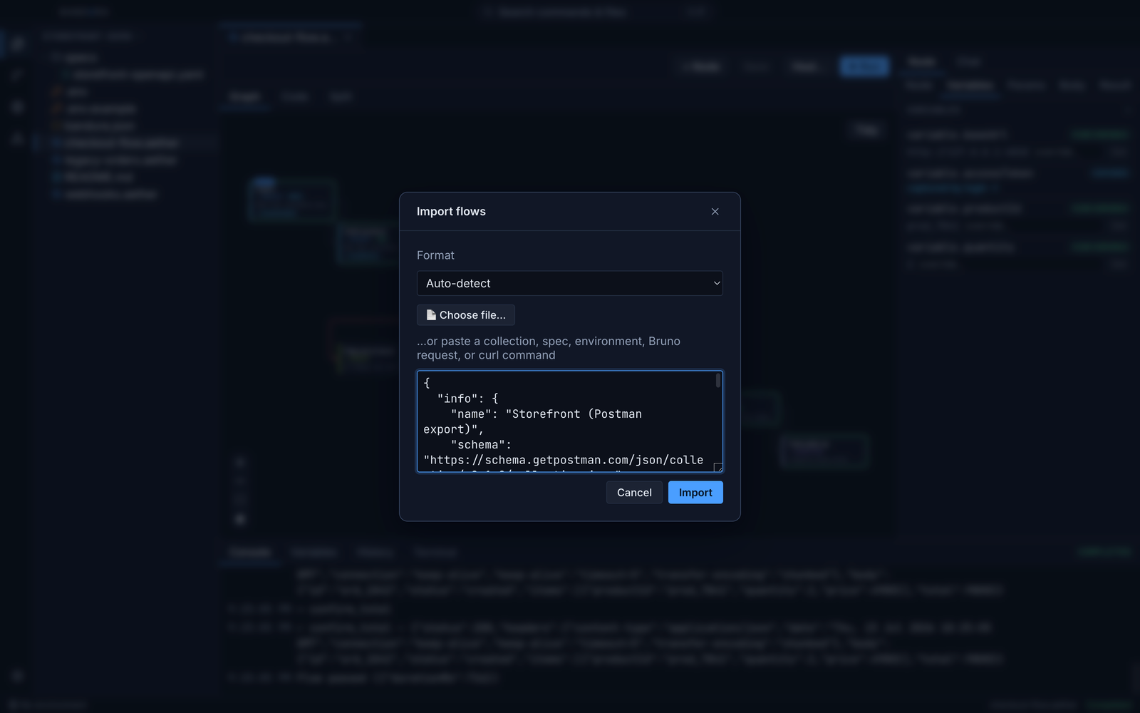 The Import flows modal with a pasted Postman collection auto-detected, ready to convert into .aether files