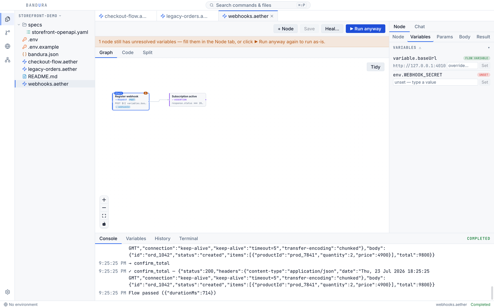 Opening a flow with an unset environment variable: the node carries a warning badge and a banner offers to fill the variable or run anyway